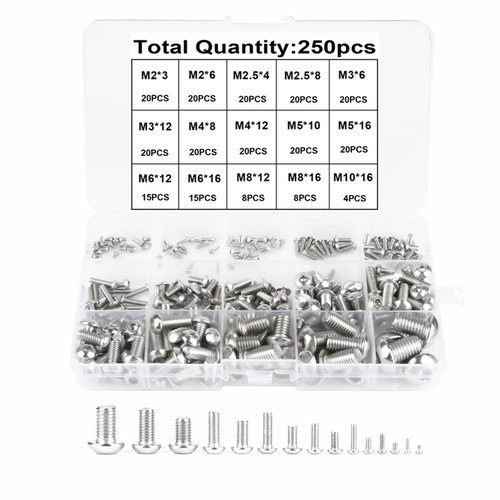 250pcs/盒 304不锈钢 圆头内六角螺钉 螺丝紧固件 M2-M10组合装