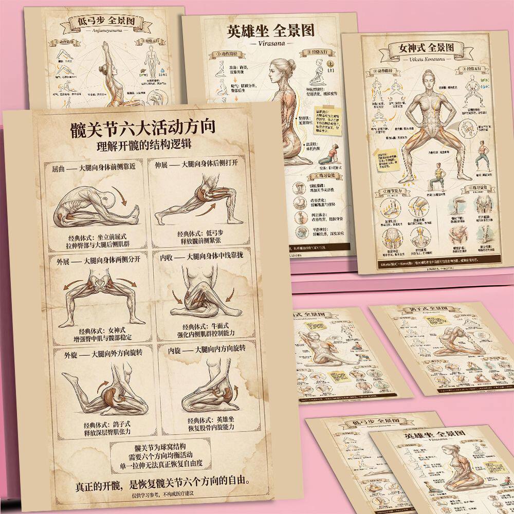 复古瑜伽动作图谱全身拉伸贴纸