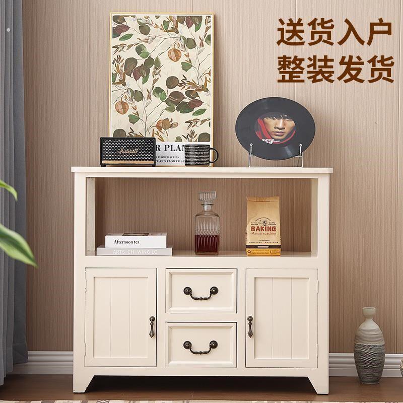 新美式实木餐边柜客厅侘寂风复古边柜做旧仿古玄关柜矮柜茶水置物