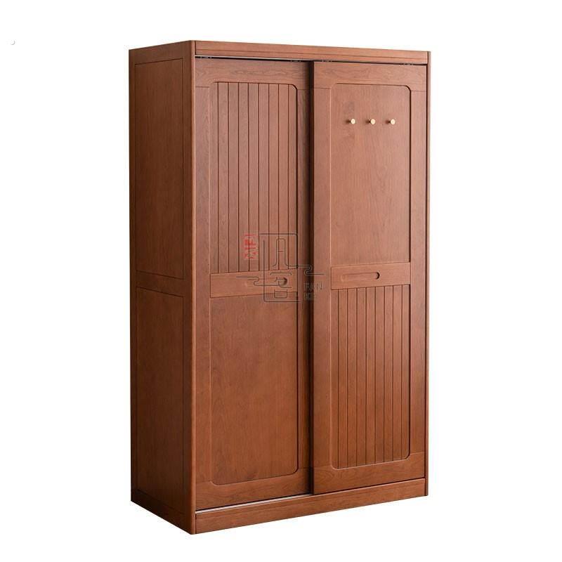 中古风樱桃木衣柜复古拉门简约现代主卧移门衣橱家用卧室收纳柜