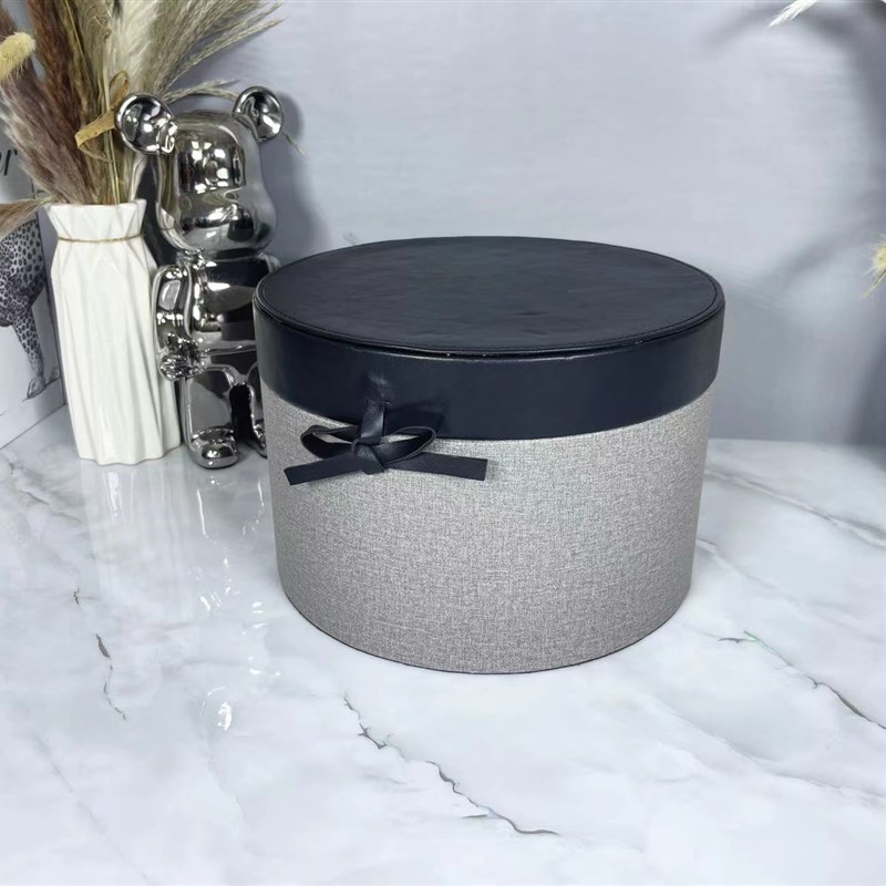 灰色皮质圆形收纳桶绑绳装饰储物盒样板房衣帽间家居摆件收纳盒