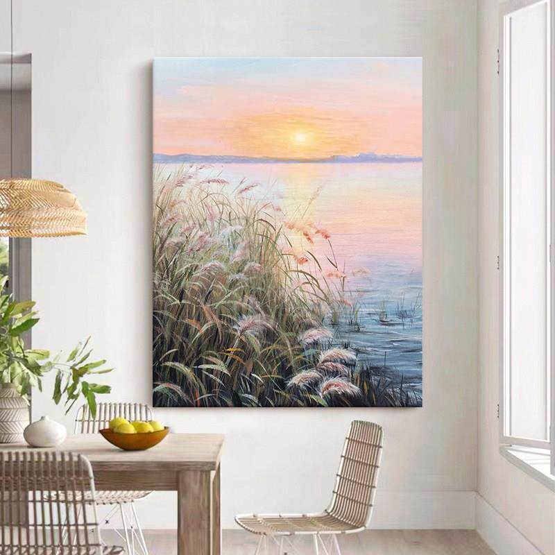 简约现代无框装裱画 芦苇河边抽象油画 客厅墙面挂画装饰