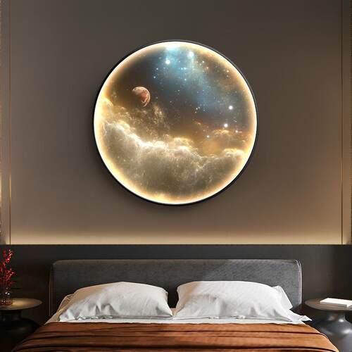 轻奢圆形卧室床头装饰画宇宙星空发光灯画餐厅玄关LED氛围灯挂画