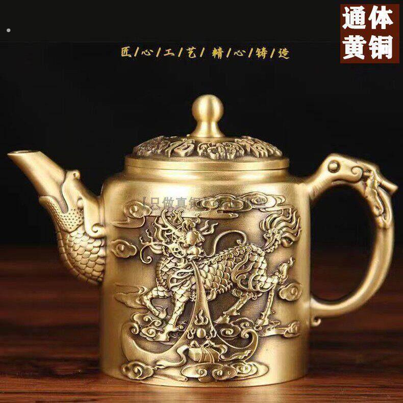纯铜茶壶中国风麒麟壶黄铜壶百福酒壶龙凤茶壶铜家居古风茶具摆件