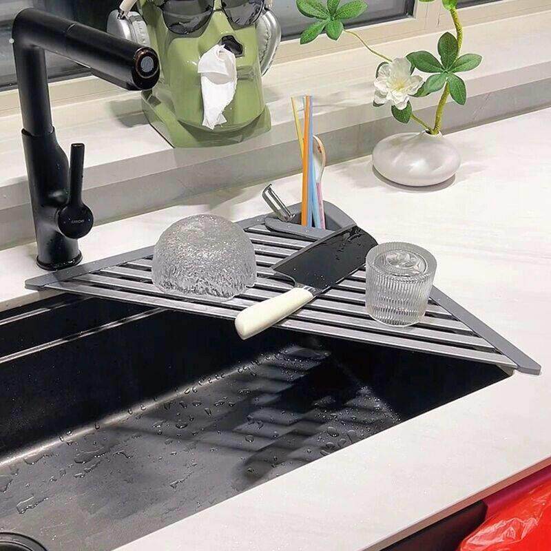 水槽边沥水帘可折叠厨房沥水架三角不锈钢家用洗碗池收纳置物架