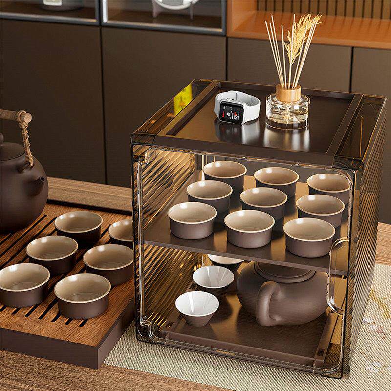 桌面盖碗功夫茶杯架紫砂壶茶具收纳盒茶壶带盖子防尘杯子置物架神