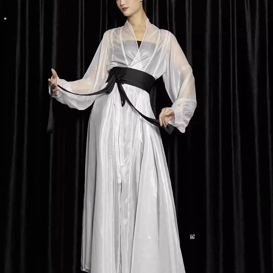 现代舞大摆仙气十足珠光白纱衣男女同款高级感古风扎染古典舞服
