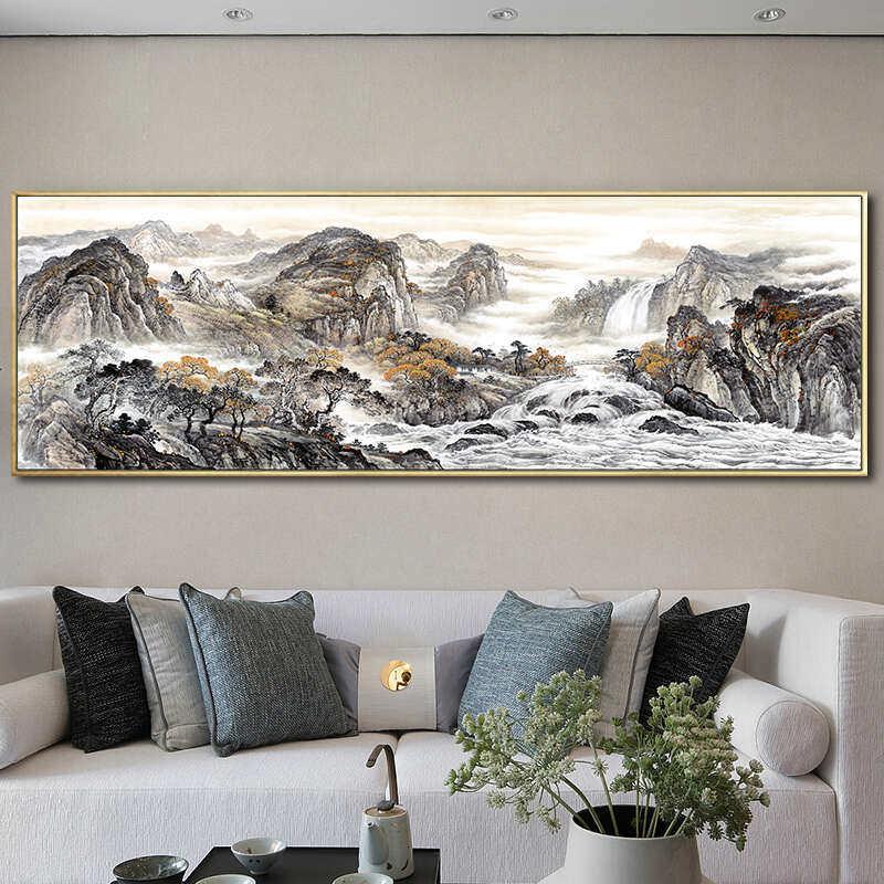 客厅装饰画新中式山水画办公室挂画客厅沙发靠山背景墙壁画聚宝盆