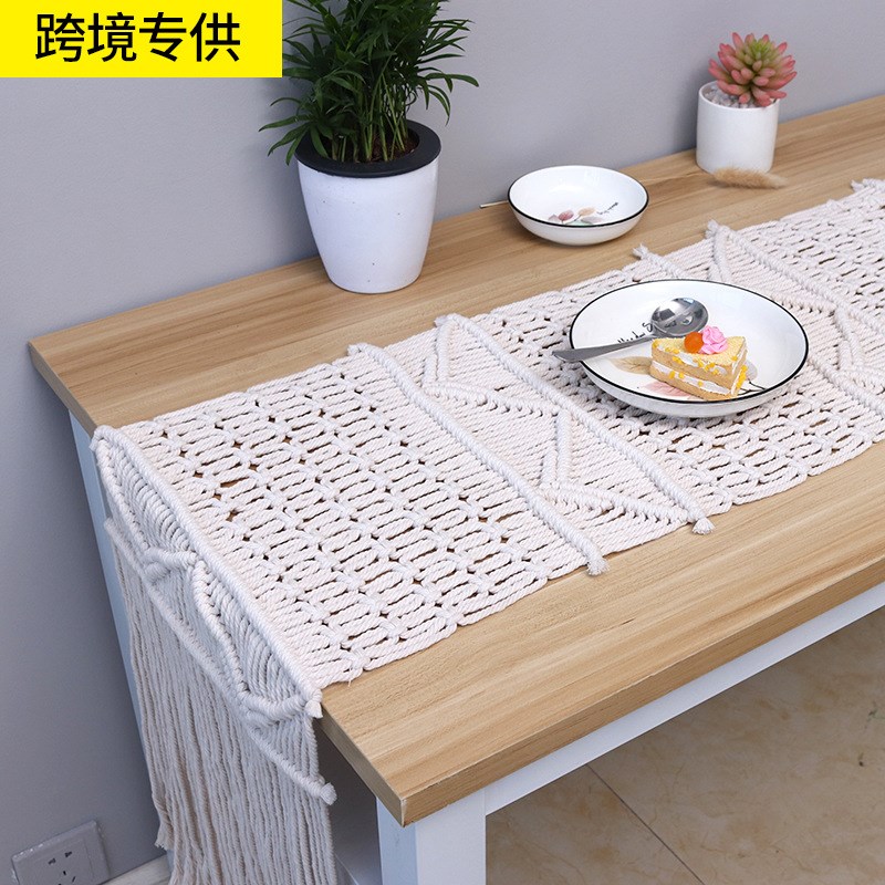 手工编织棉线桌旗 新中式简约流苏床旗 茶几餐桌长条桌旗图片