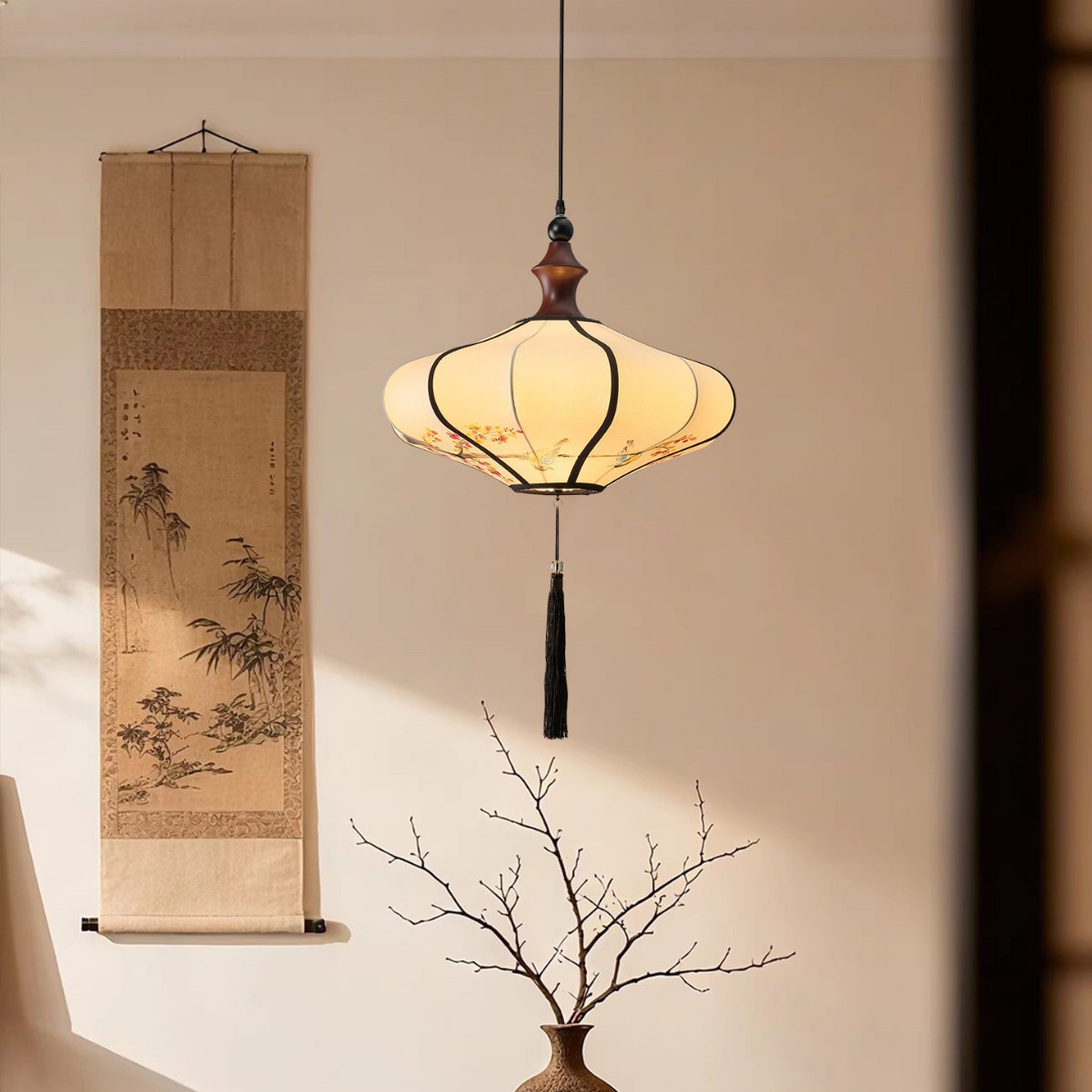 新中式仿古典宫灯布艺手绘画灯笼吊灯中国风餐厅饭店茶楼护眼吊灯图片