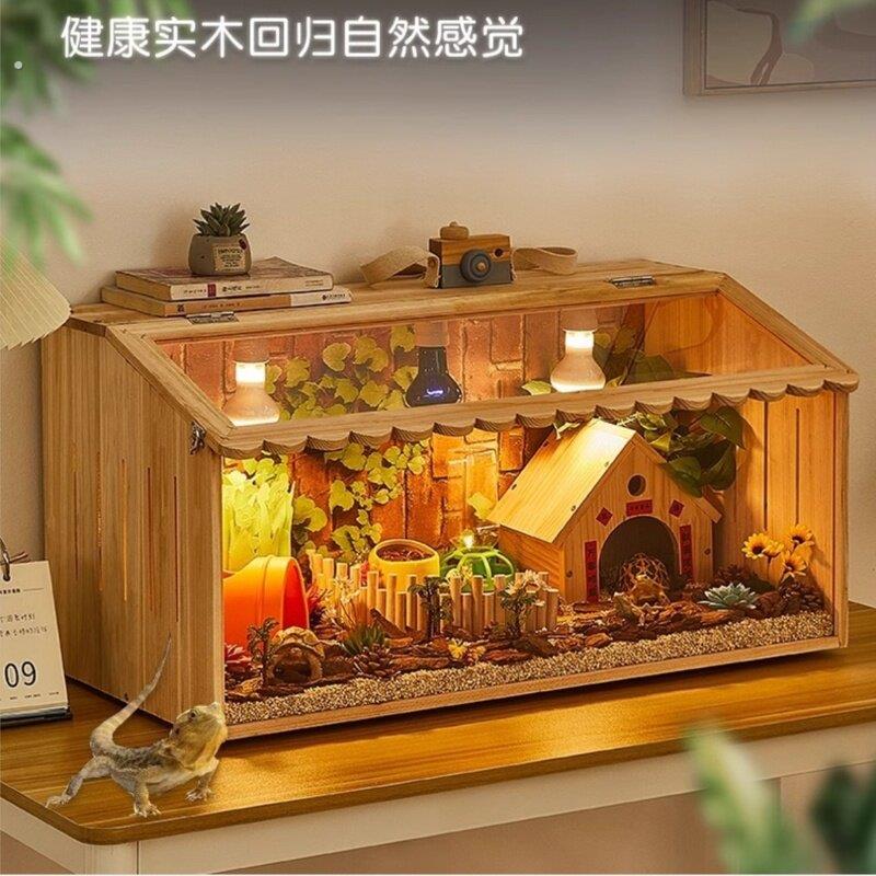 有盖子木质鬃狮蜥蜴幼龟荷兰猪饲养箱晒台加温守宫小鸡迷你动物带