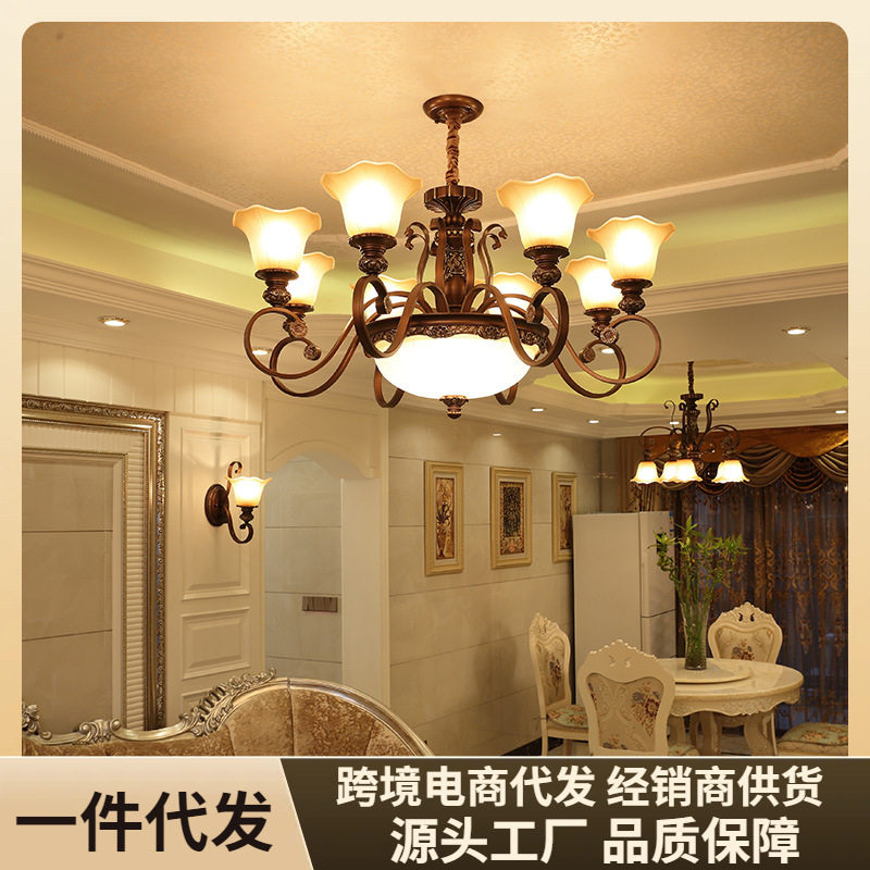 美式乡村复古吊灯客厅主灯铁艺仿古别墅奢华大气餐厅卧室树脂灯具