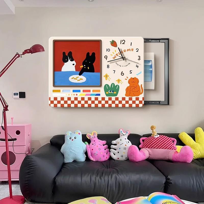 电表箱装饰画钟表多巴胺创意卡通动物遮挡配电箱挂画弱电箱盒壁画
