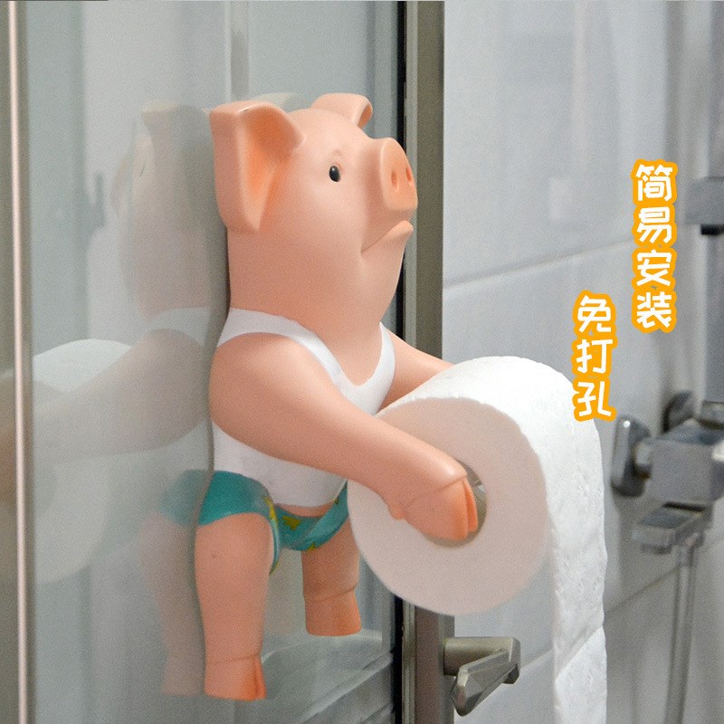 创意小猪纸巾架壁挂卫生间厕所摆件卡通客厅浴室厨房卷纸筒免打孔