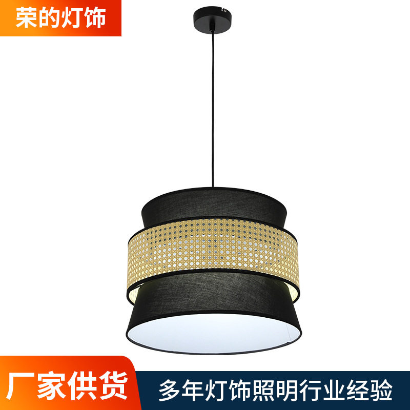 三层藤编布罩吊灯现代简约床头工业餐厅灯具批发出口藤艺风玄关
