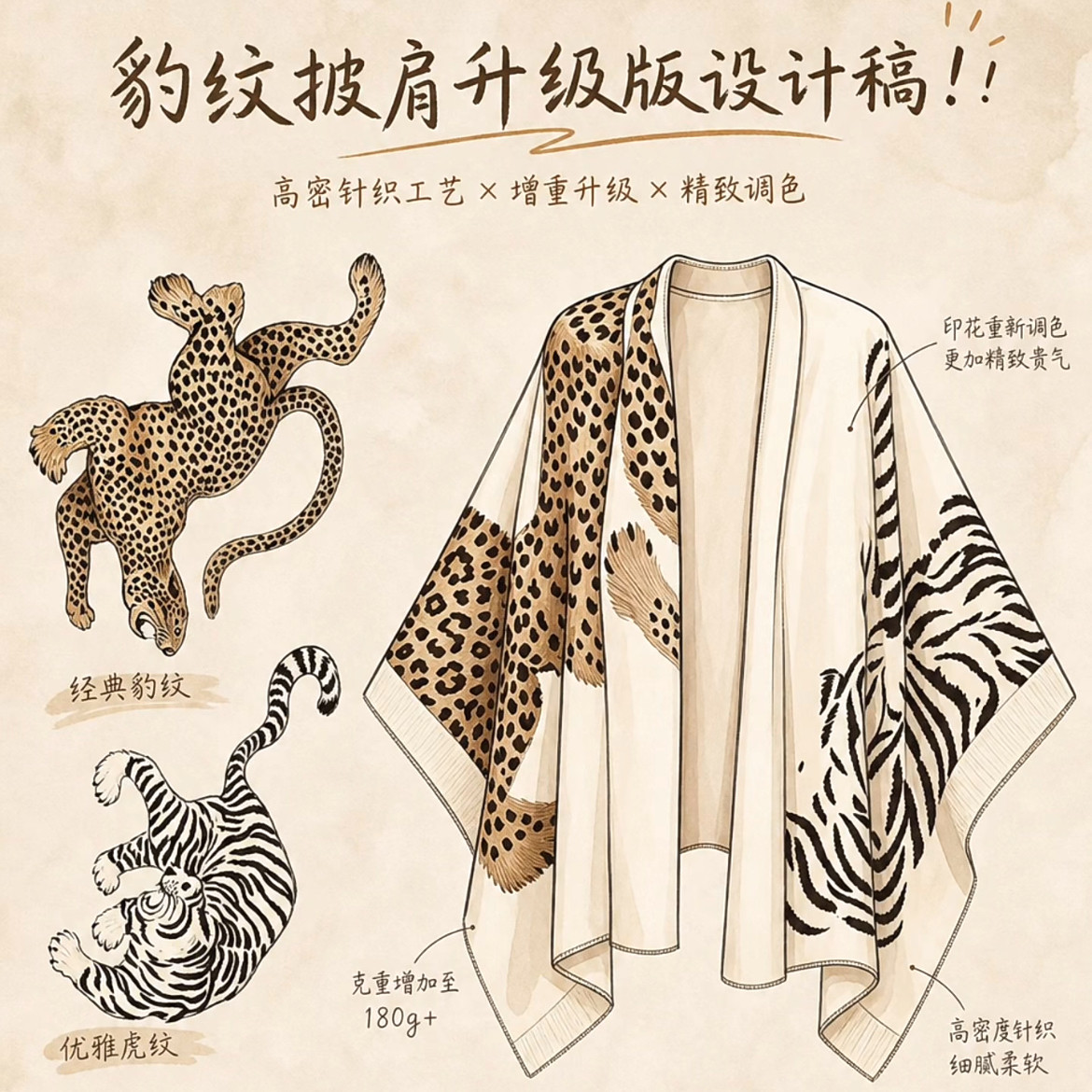 【180克重款】仿羊绒复古金钱豹猎豹凝视双面印花两用披肩围巾图片