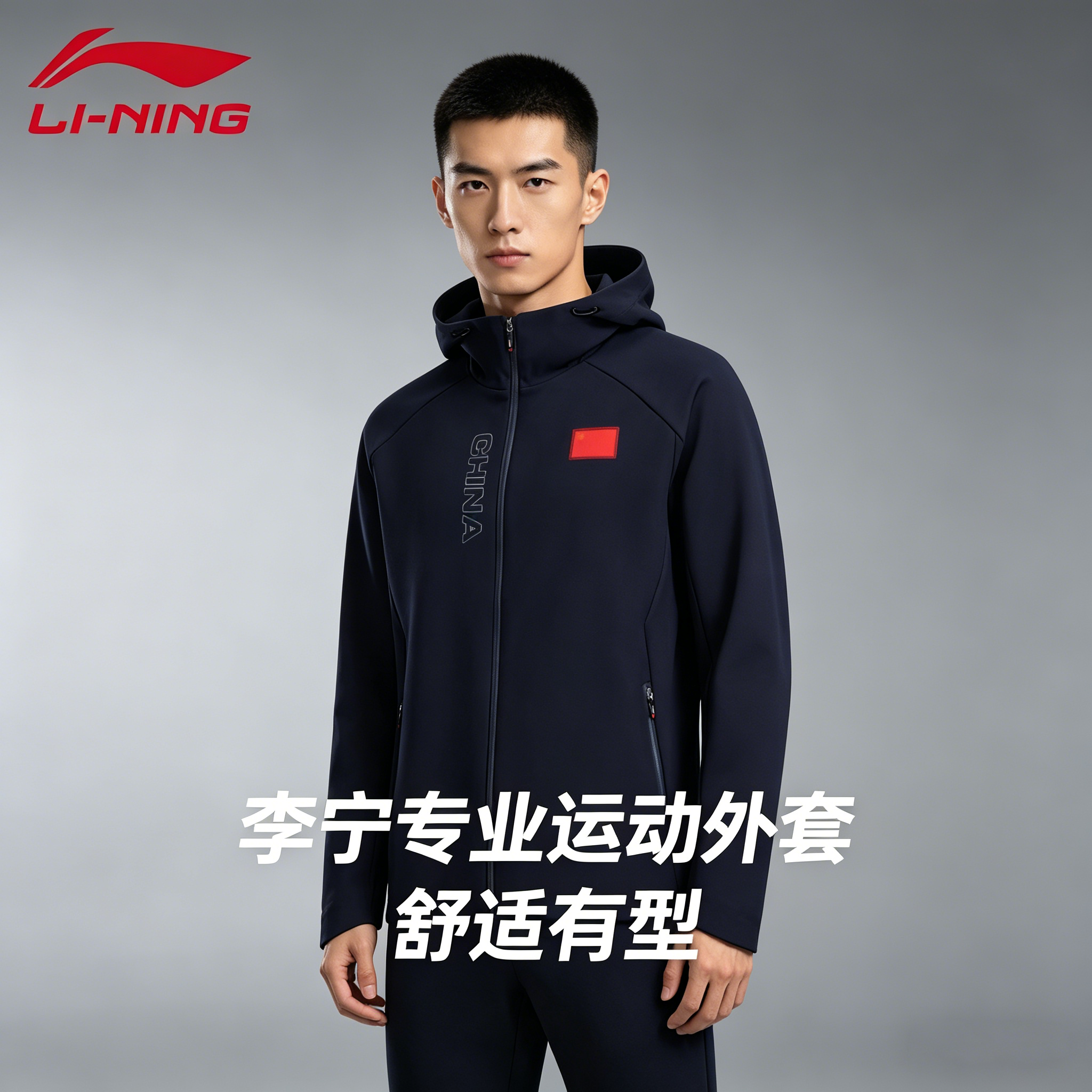 李宁男连帽拉链保暖运动风衣外套