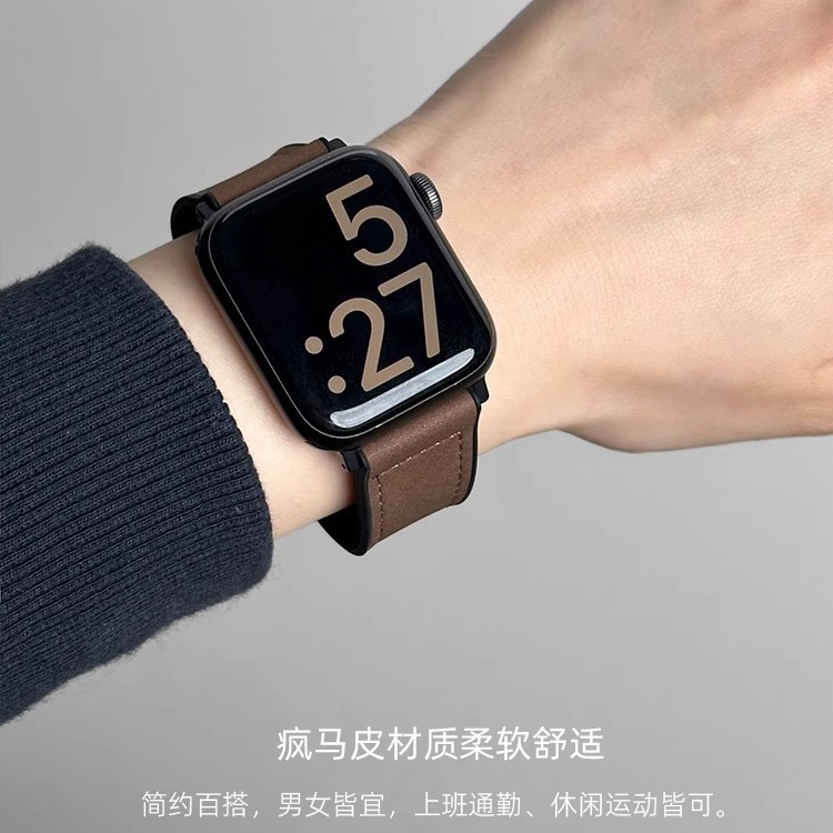 适用小米S4苹果iWatchS10华为GT5手表带硅胶贴疯马纹皮磁吸扣表带