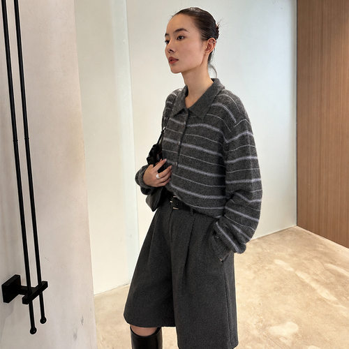 Onde 羊驼毛复古条纹polo领慵懒宽松针织衫上衣
