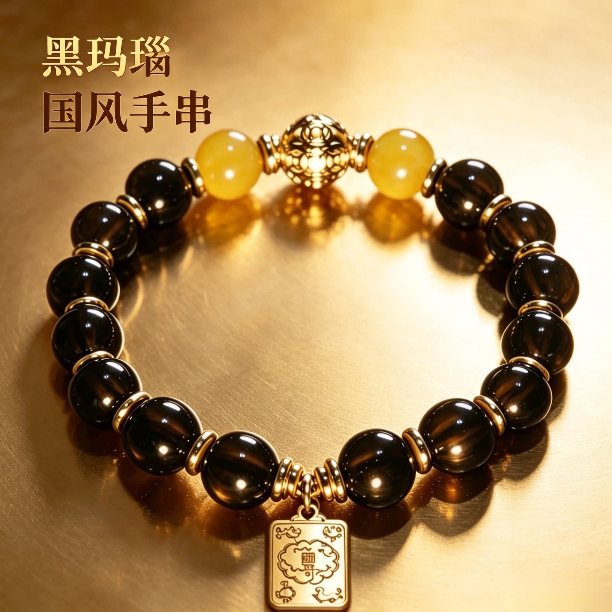 三奇嘉汇新中式黑玛瑙玉髓髓手串国风女水晶方牌吊坠吉祥DIY手链
