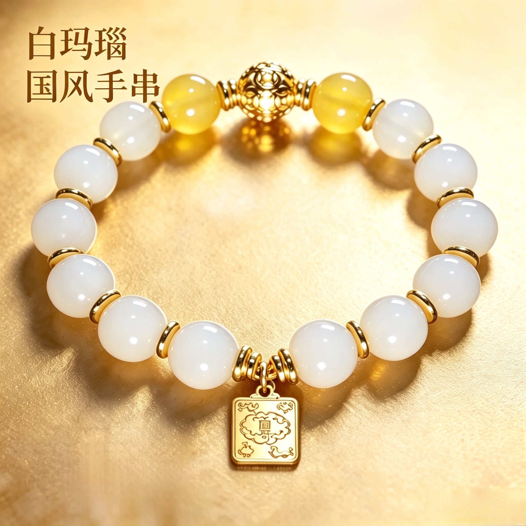 三奇嘉汇新中式白玛瑙手串国风轻奢方牌吊坠女款吉祥水晶手链