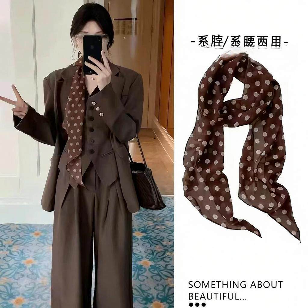 棕色波点丝巾女新款发带围巾