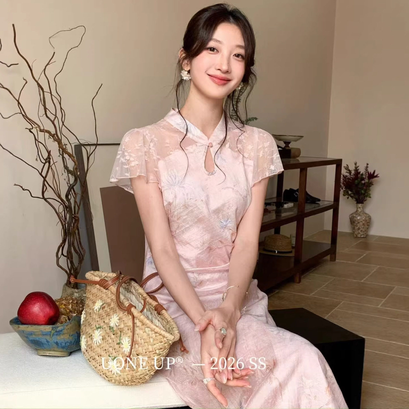 UONE2026春夏季新款新中式冰瓷美人提花蕾丝拼接改良旗袍连衣裙女
