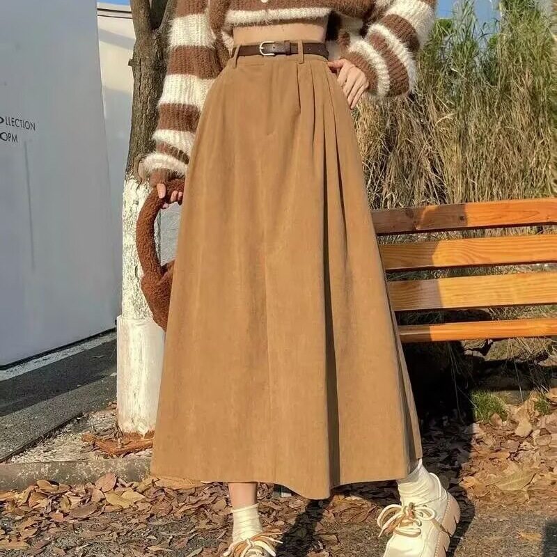 复古灯芯绒半身裙女秋冬高腰显瘦a字裙遮胯宽松感垂感长裙子