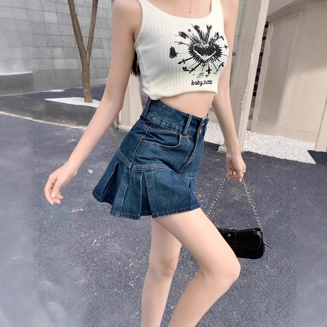 高腰黑色百褶牛仔半身裙女秋季mm遮肚显瘦梨形身材复古a字短裙
