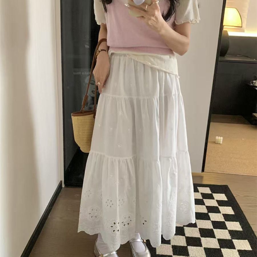 白色半身裙蕾丝高腰法式镂空蛋糕中长款刺绣长裙裙子碎花小个子