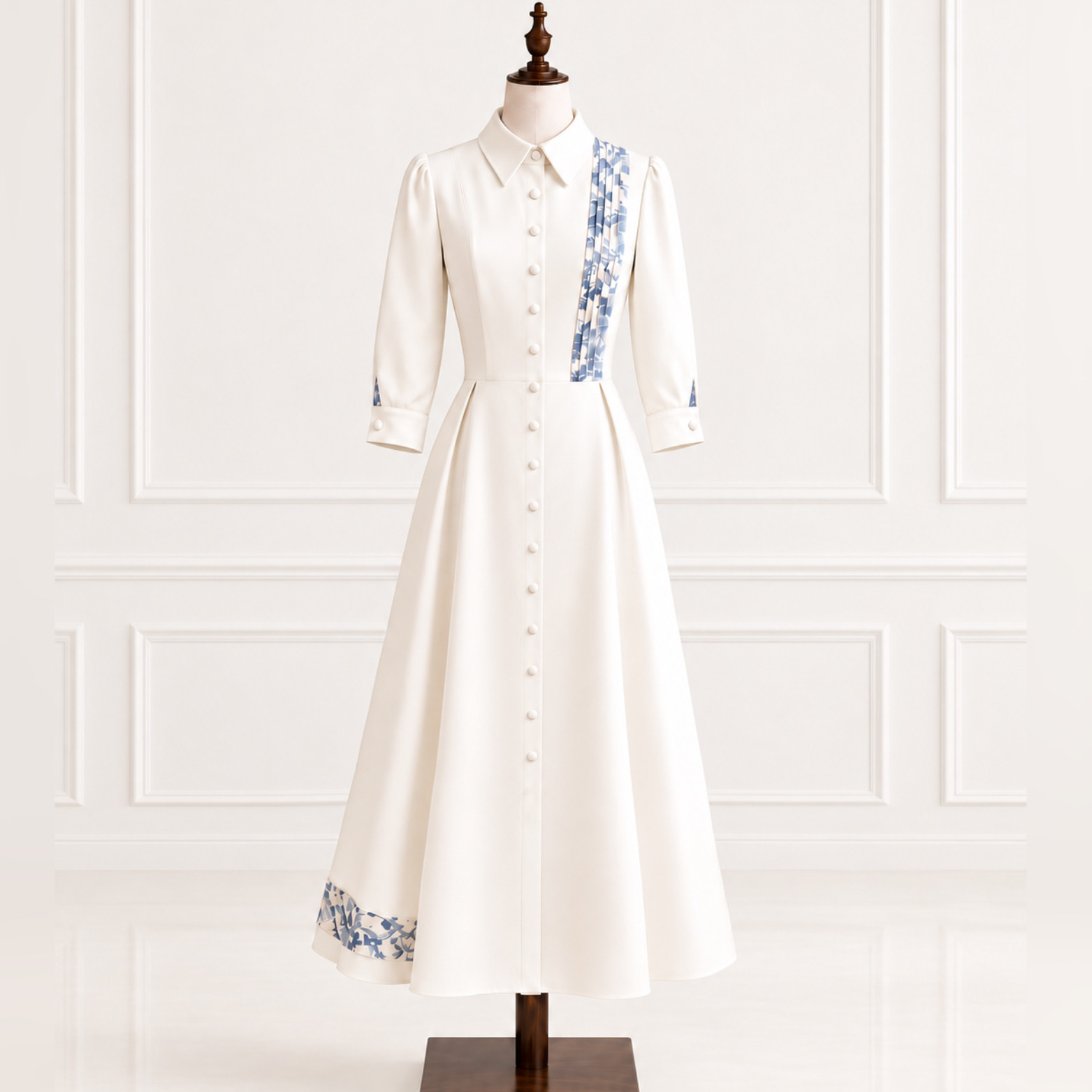 Pleated chest patchwork three-quarter sleeve long shirt dress (small cup).