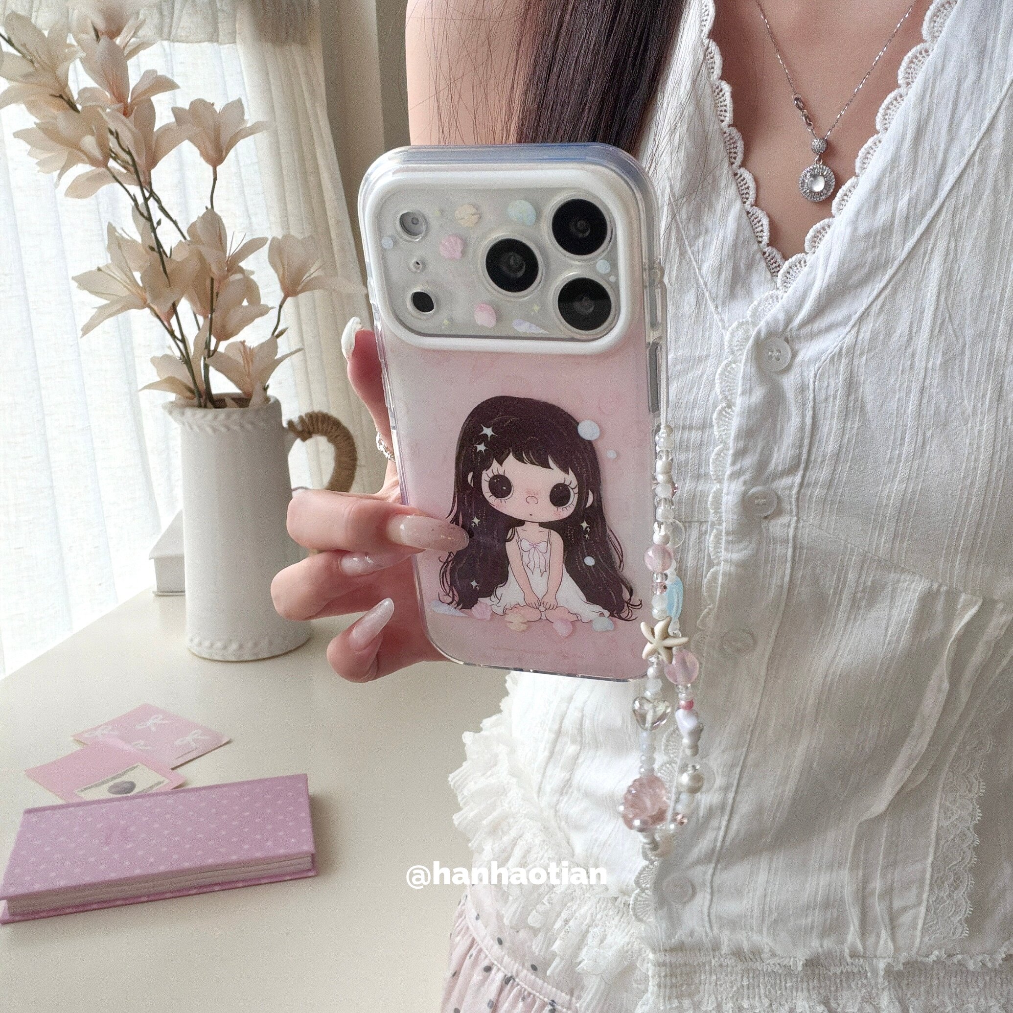 韩好甜夏日粉底黑发小女孩ins韩系适用于苹果17ProMax手机壳iPhone16简约15Pro新款14甜美可爱温柔清新