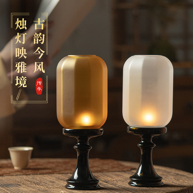 古风家用香薰蜡烛烛台中式禅意仿古灯罩陶瓷摆件茶室氛围灯琉璃