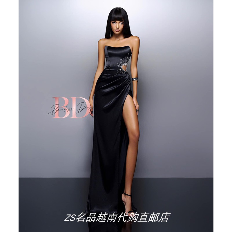 ZS名品越南设计师 bandage 冬季新款高级感名媛气质抹胸开叉礼服