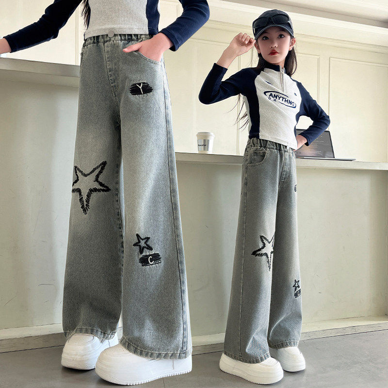 女童裤子夏季薄款2025新款窄版阔腿裤春秋款直筒牛仔裤儿童中大童