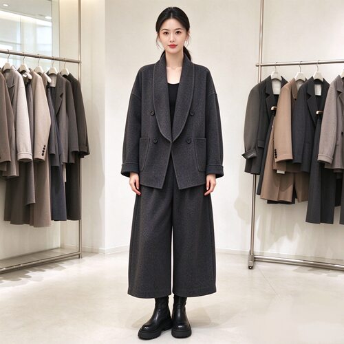 【10-24】PTM42亚麻羊毛宽松阔腿裤女秋冬灰色显垂感七分裤