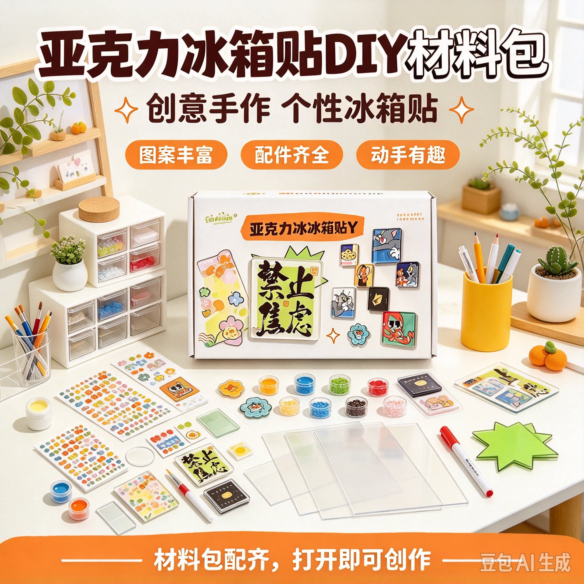 自制手工冰箱贴透明ins正方形带磁片高透亚克力diy材料包高颜值JM