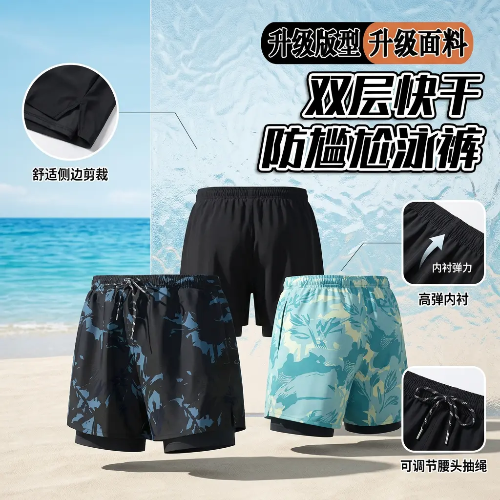 双层泳裤男防尴尬三分成人速干透气弹性宽松游泳运动沙滩裤ly