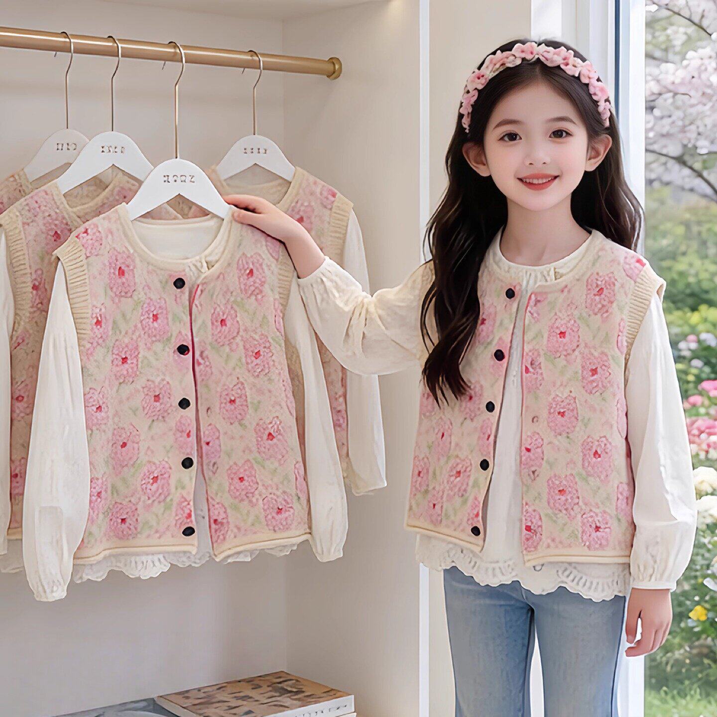 女童碎花针织马甲牛仔喇叭裤套装春秋2026新款花边甜美坎肩上衣潮