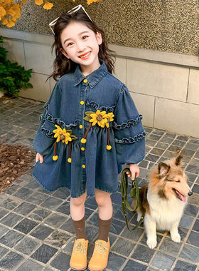 女童春秋款牛仔外套秋装2025新款洋气时髦儿童宝宝秋季中长款风衣