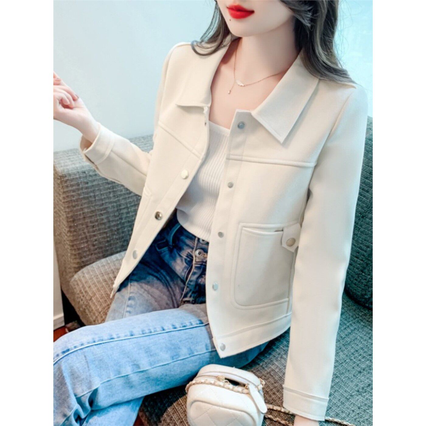 白色修身小香风外套女士春秋2025新款百搭小个子洋气工装夹克上衣
