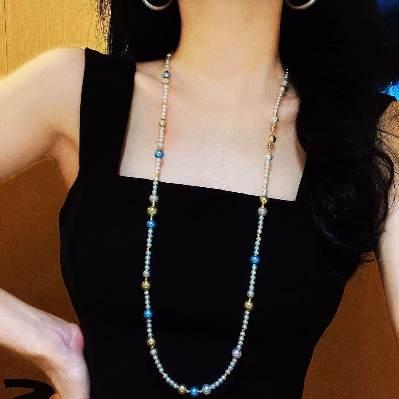 秋冬美拉德风蓝色妖姬冷白金棕高光人造水晶施家珍珠毛衣链项链女