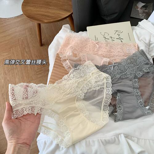纯欲蕾丝缎面内裤女交叉腰头加长10A裆网纱低腰三角内裤女士2026