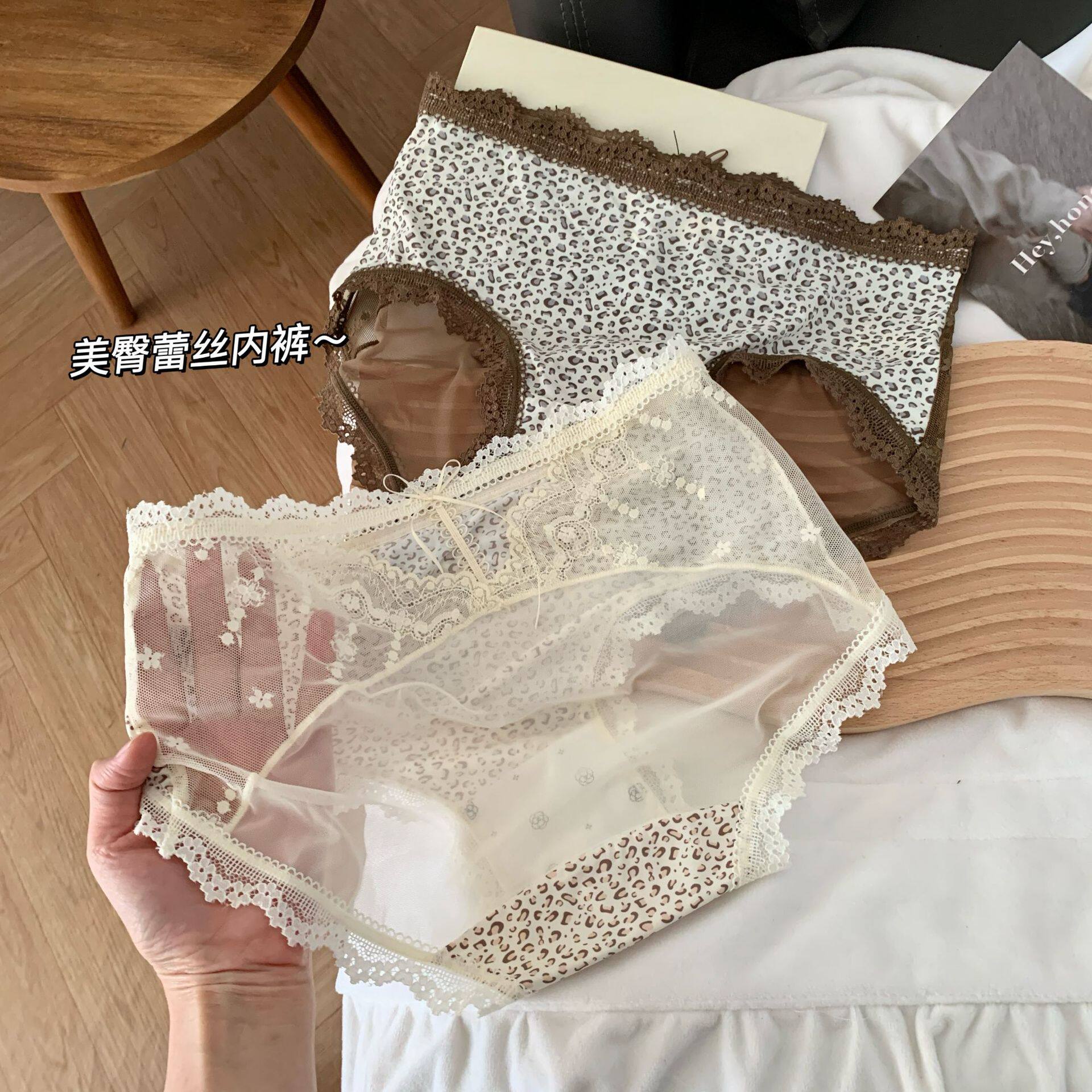 豹纹性感蕾丝内裤女美臀镂空中腰包臀三角内裤女士大码温变加长裆