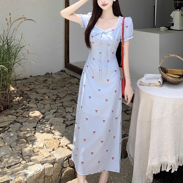 法式泡泡袖蓝色连衣裙女
