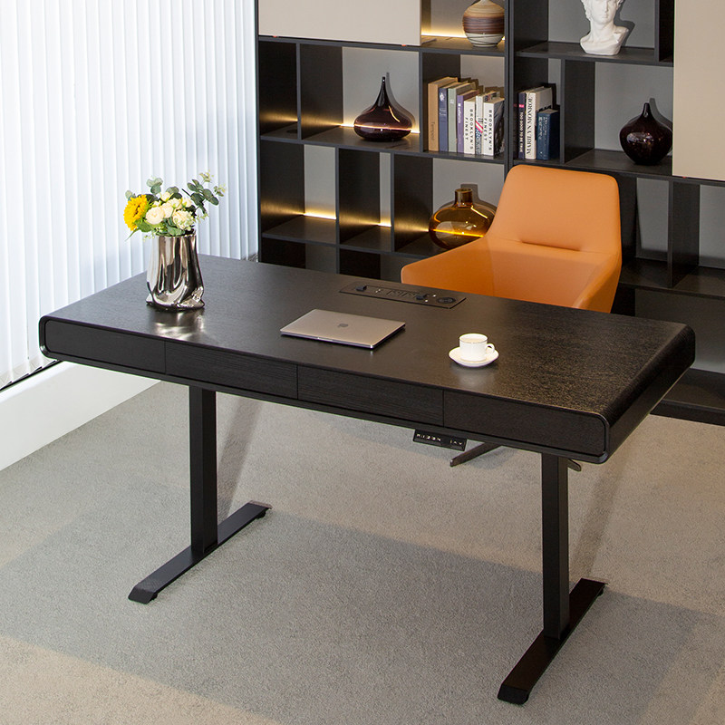 电动升降圆角书桌轻奢现代实木书房意式极简电脑办公桌工作台家用