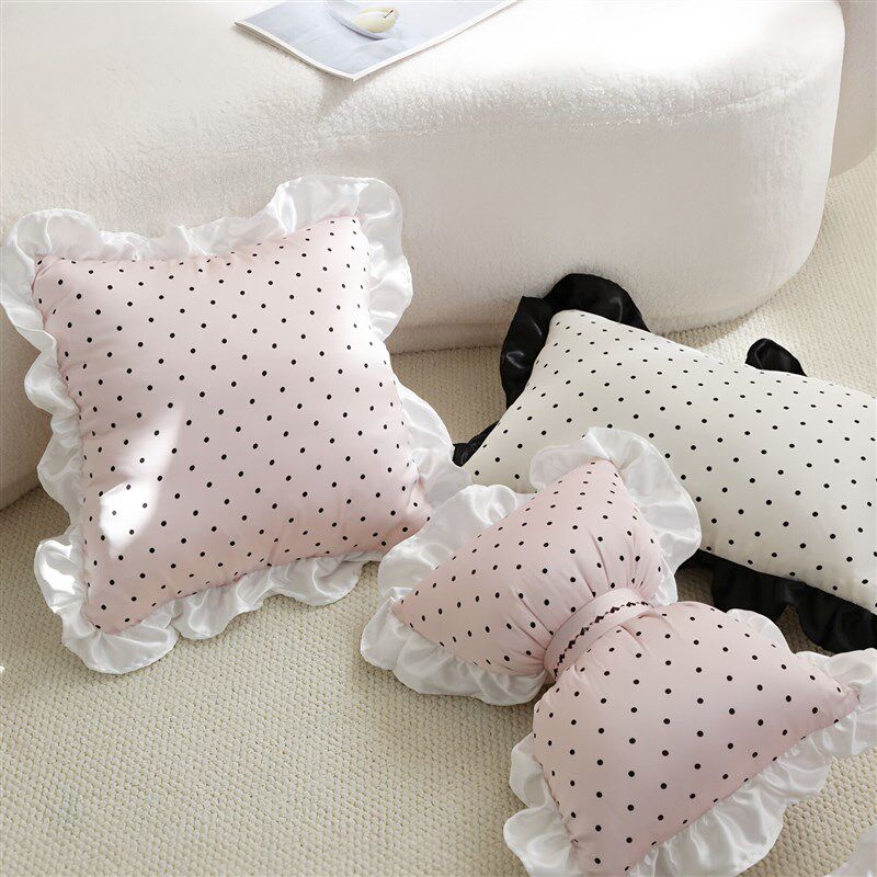 ohana 法式波点荷叶花边布艺沙发靠枕蝴蝶结心形客厅沙发抱枕腰靠