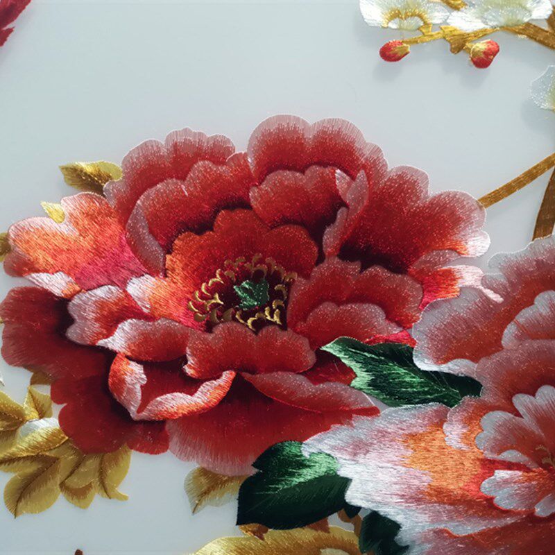 苏绣装框成品 真丝底料实木框 花开富贵金色牡丹图客厅背景墙装饰