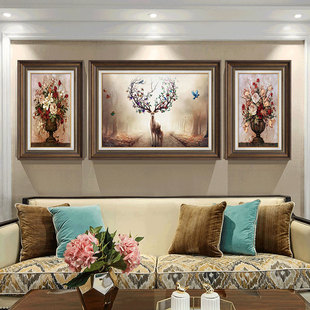 饰画沙发背景墙挂画房间大气壁画欧式 客厅装 复古三联墙画 风格 美式