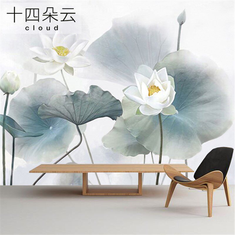 中式淡雅荷花水墨定制壁画无纺布墙纸卧室客厅电视背景墙壁纸简约